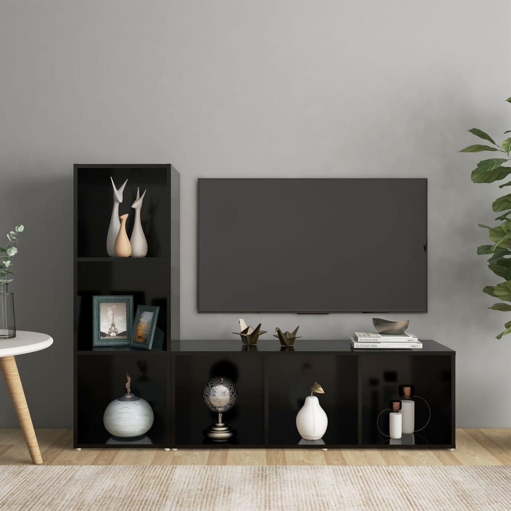 2 Piece TV Cabinet Set Black 107x35x37 cm Engineered Wood