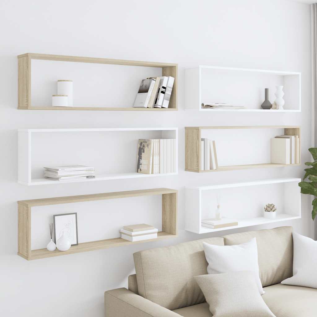 Wall Cube Shelves 6 pcs White&Sonoma Oak 100x15x30 cm Engineered Wood