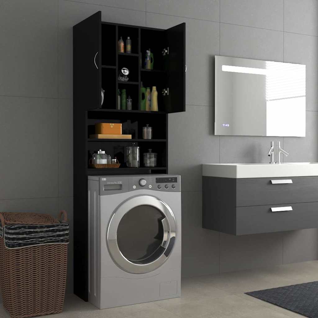 Washing Machine Cabinet High Gloss Black 64x25.5x190 cm
