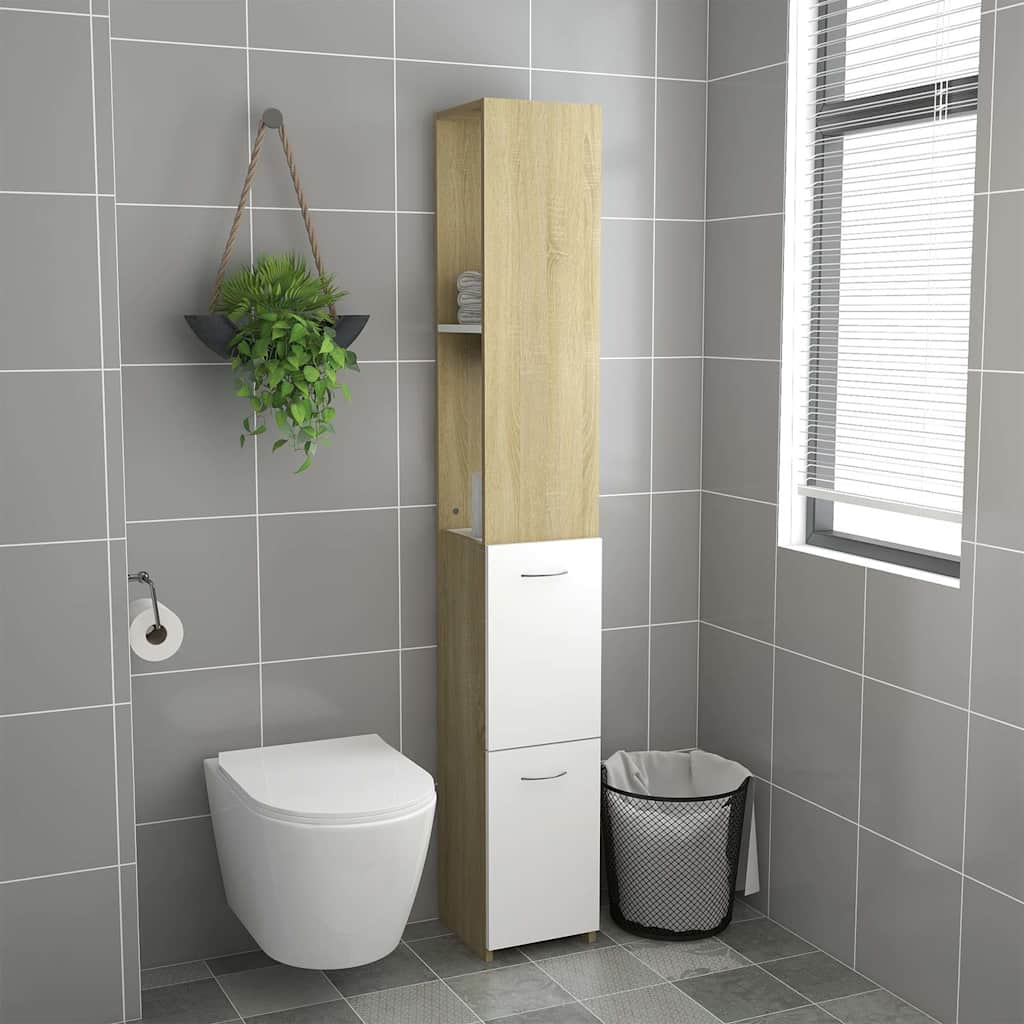 Bathroom Cabinet White and Sonoma Oak 25x26.5x170 cm Engineered Wood