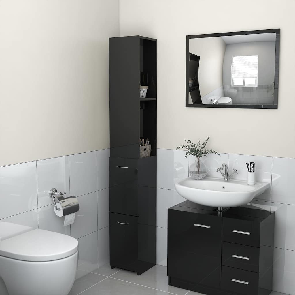 Bathroom Cabinet High Gloss Black 25x26.5x170 cm Engineered Wood