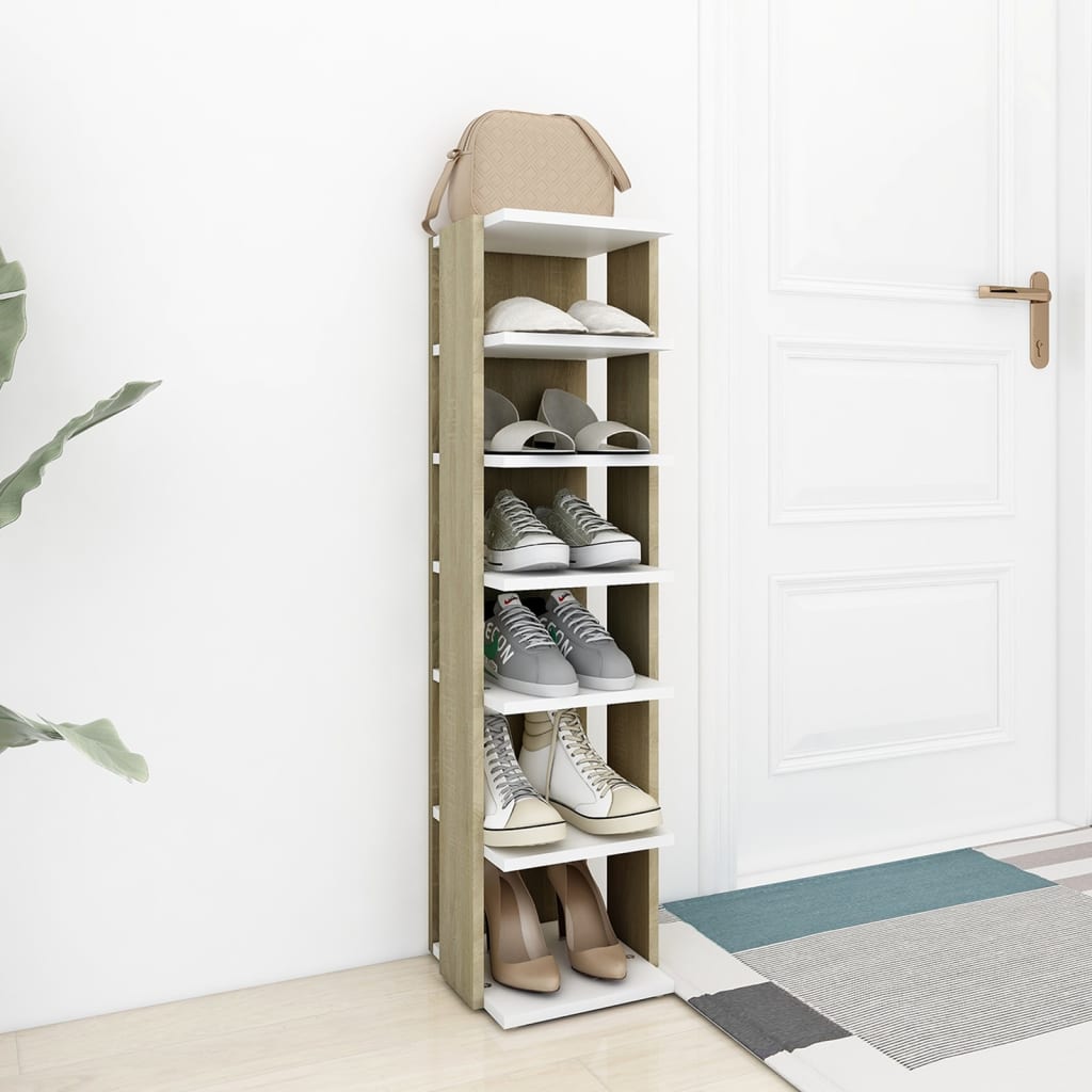 Shoe Cabinet White&Sonoma Oak 27.5x27x102 cm Engineered Wood