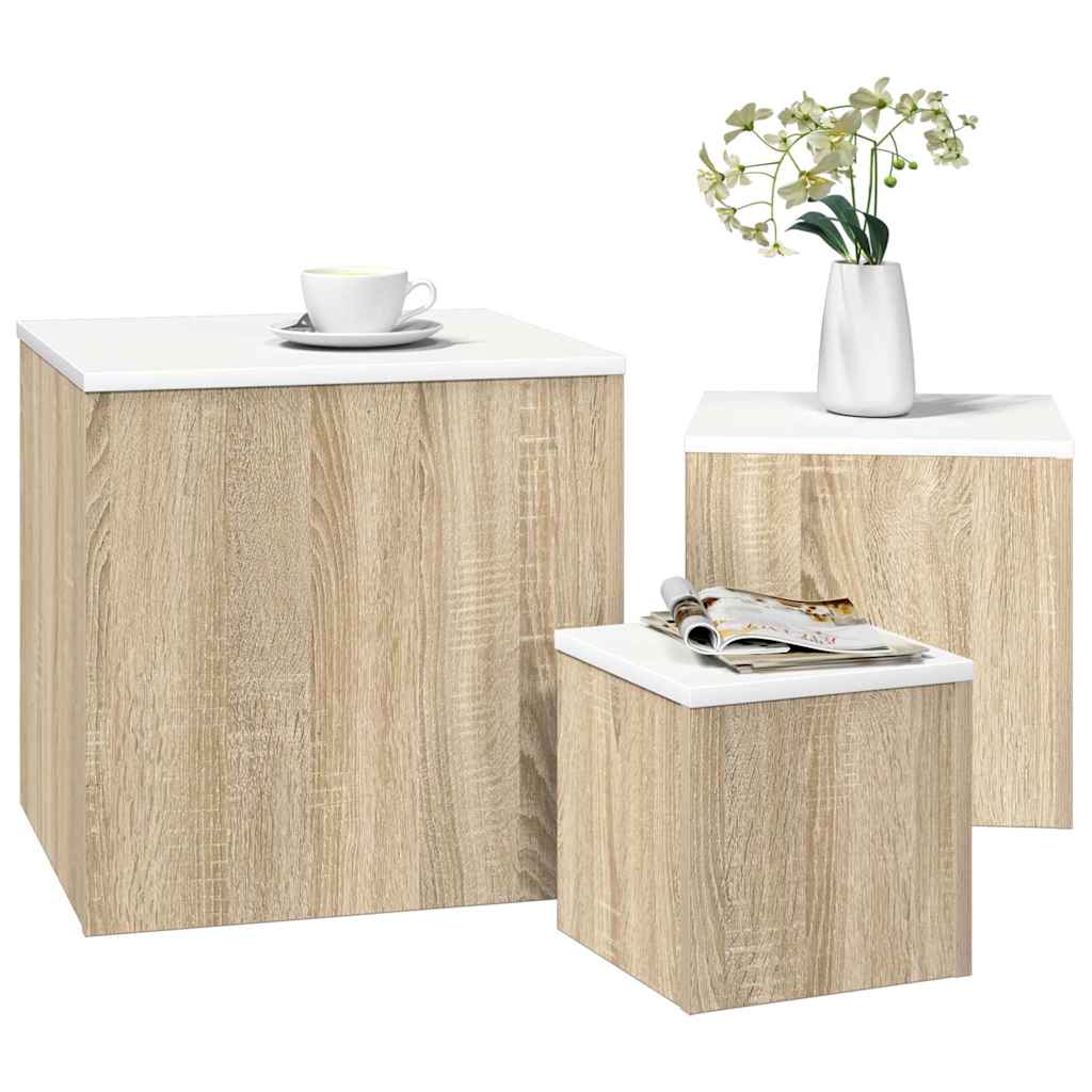 Side Tables 3 pcs White and Sonoma Oak Engineered Wood
