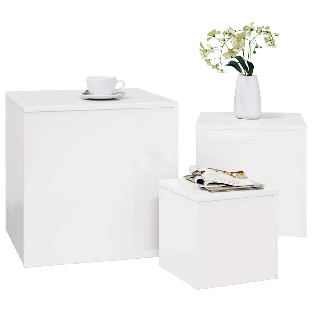 Side Tables 3 pcs High Gloss White Engineered Wood
