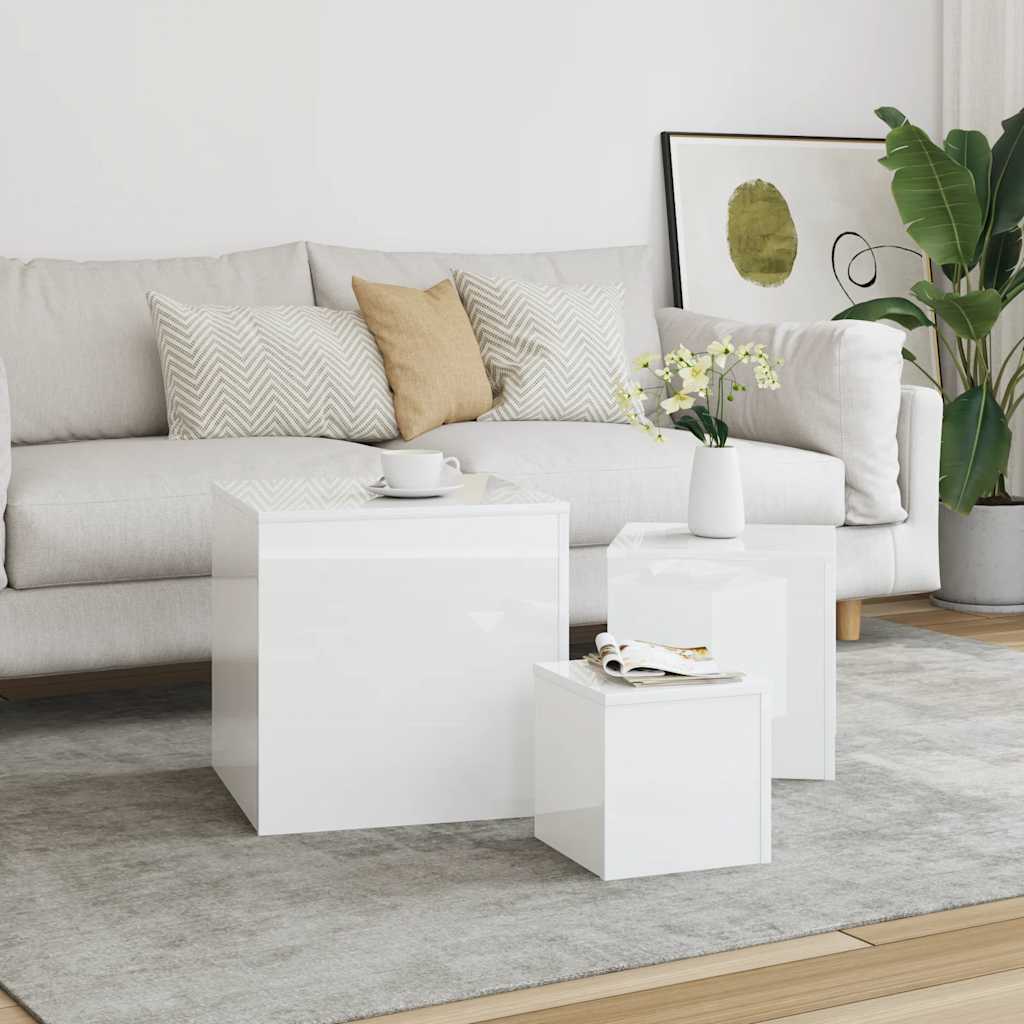 Side Tables 3 pcs High Gloss White Engineered Wood