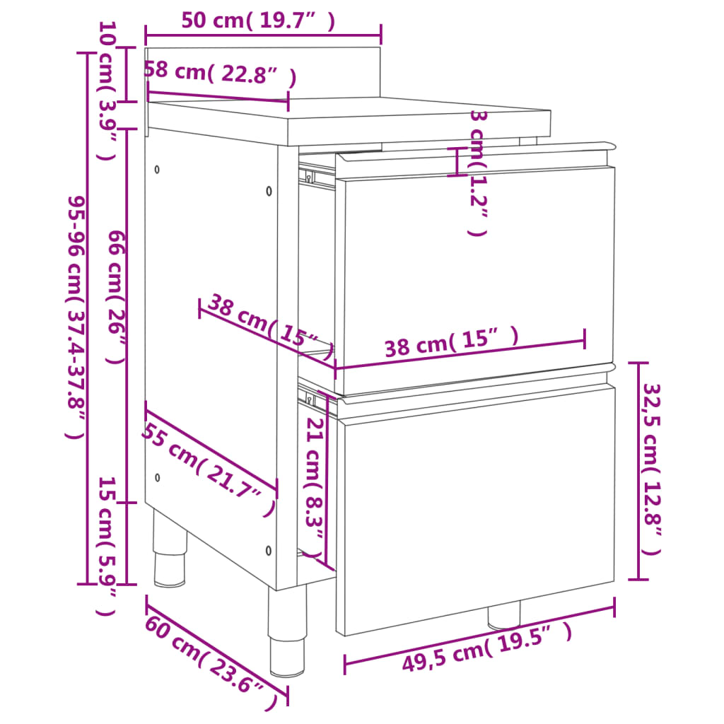Commercial Kitchen Cabinet with 2 Drawers 50x60x96 cm