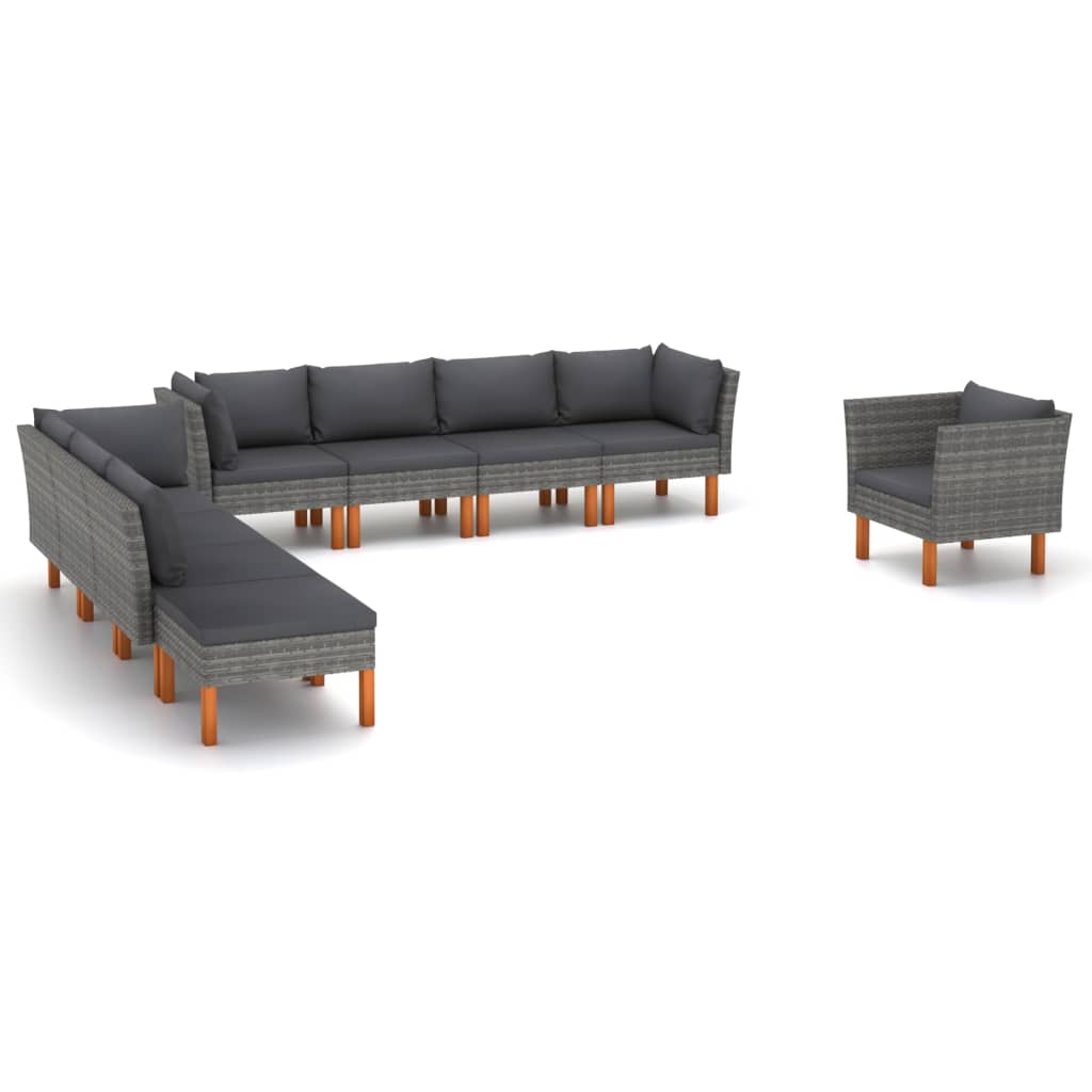 9 Piece Garden Lounge Set Poly Rattan and Eucalyptus Wood Grey