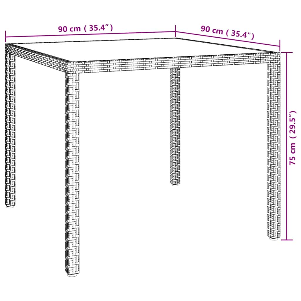 Garden Table 90x90x75 cm Tempered Glass and Poly Rattan Brown