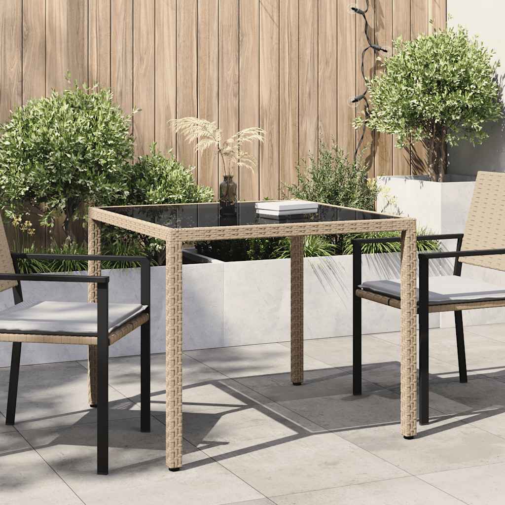 Garden Table 90x90x75 cm Tempered Glass and Poly Rattan Beige