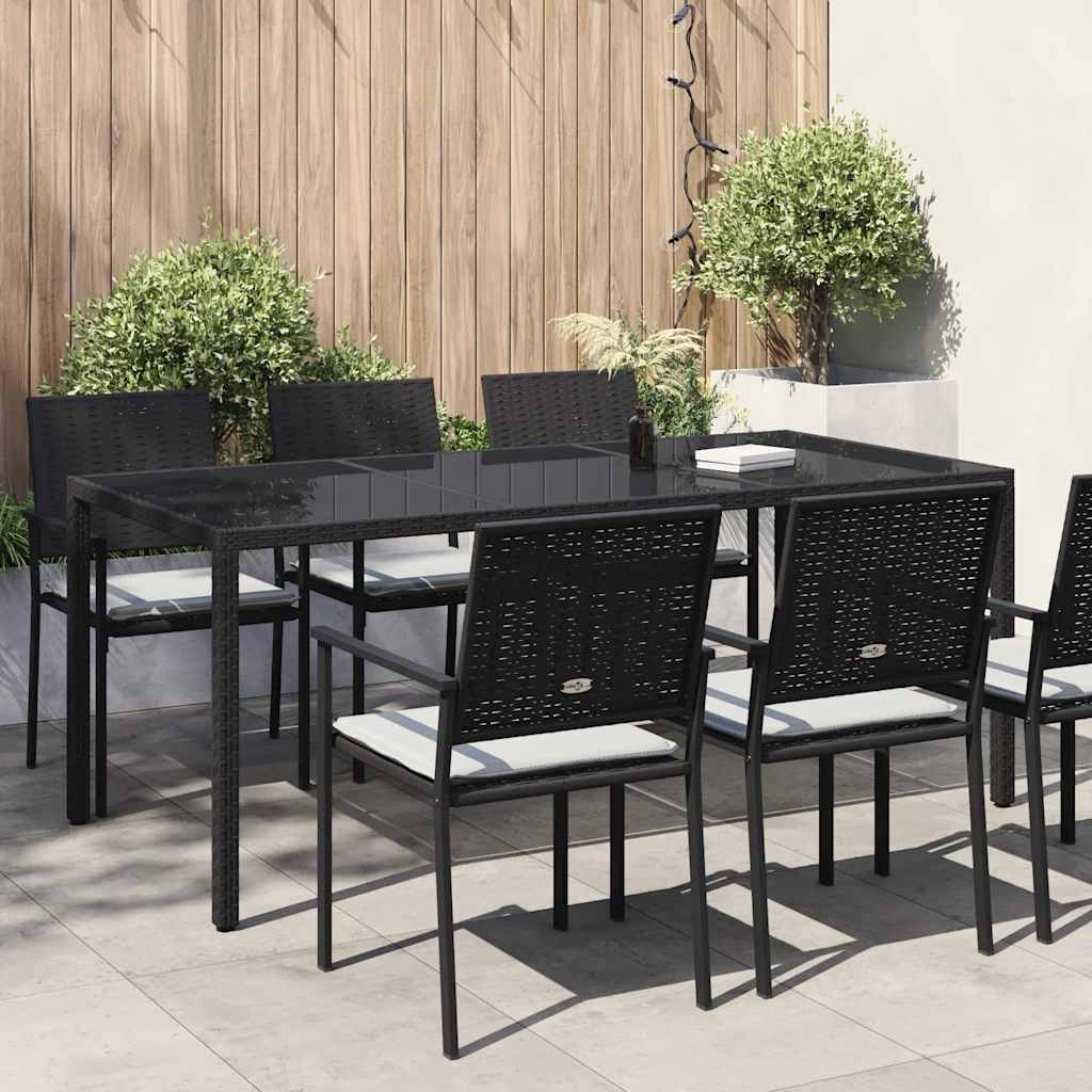 Garden Table Black 190x90x75 cm Tempered Glass and Poly Rattan