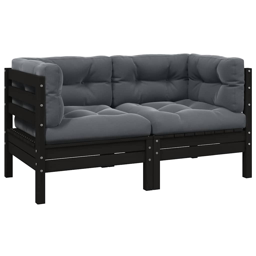 2-Seater Garden Sofa with Cushions Black Solid Pinewood