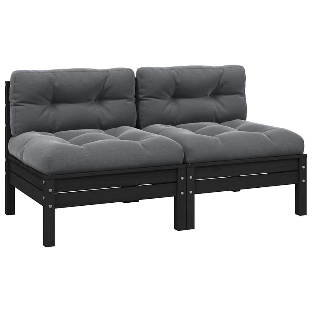 2-Seater Garden Sofa with Cushions Black Solid Pinewood