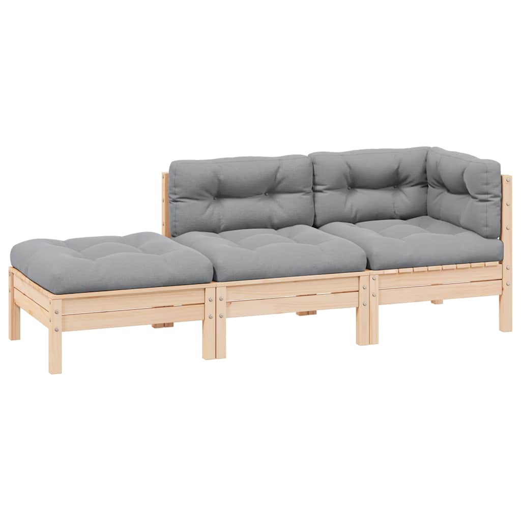 3 Piece Garden Lounge Set with Grey Cushions Solid Pinewood