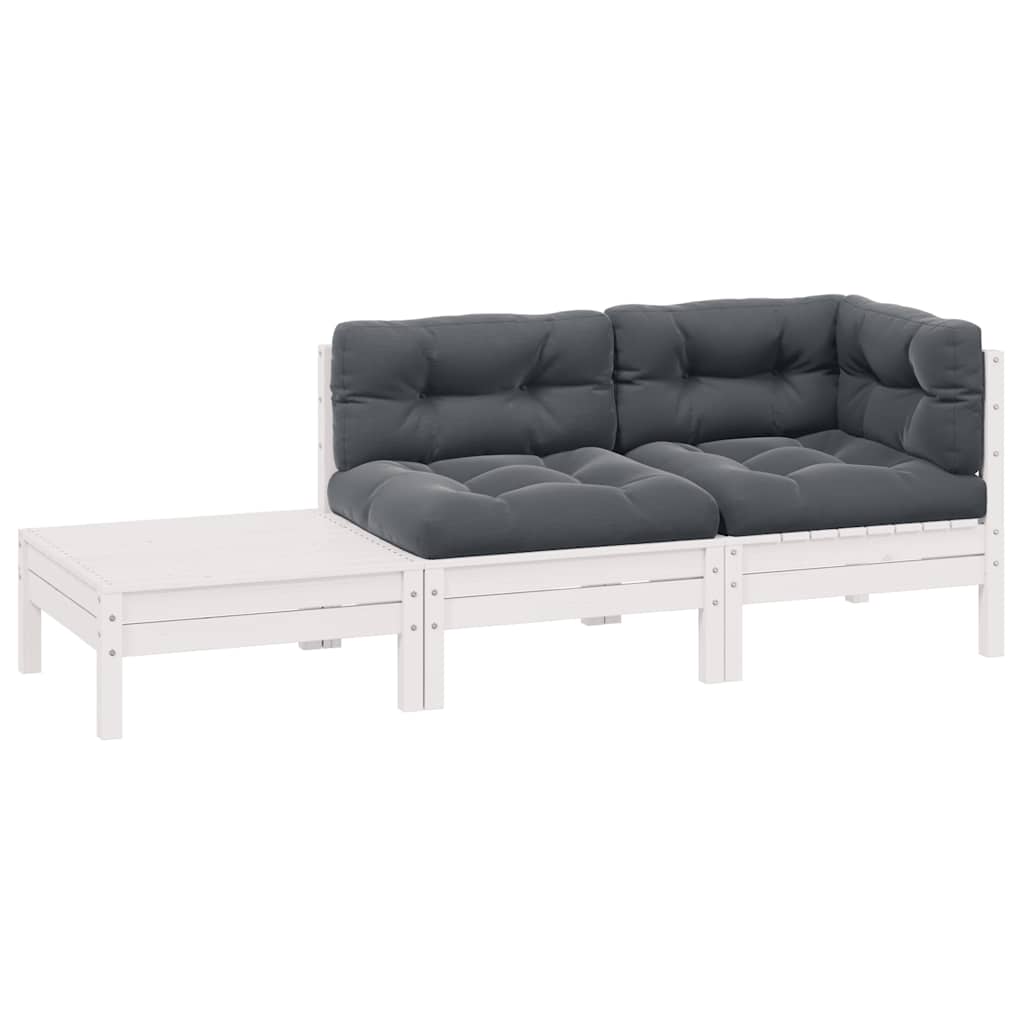 3 Piece Garden Lounge Set with Cushions White Solid Pinewood