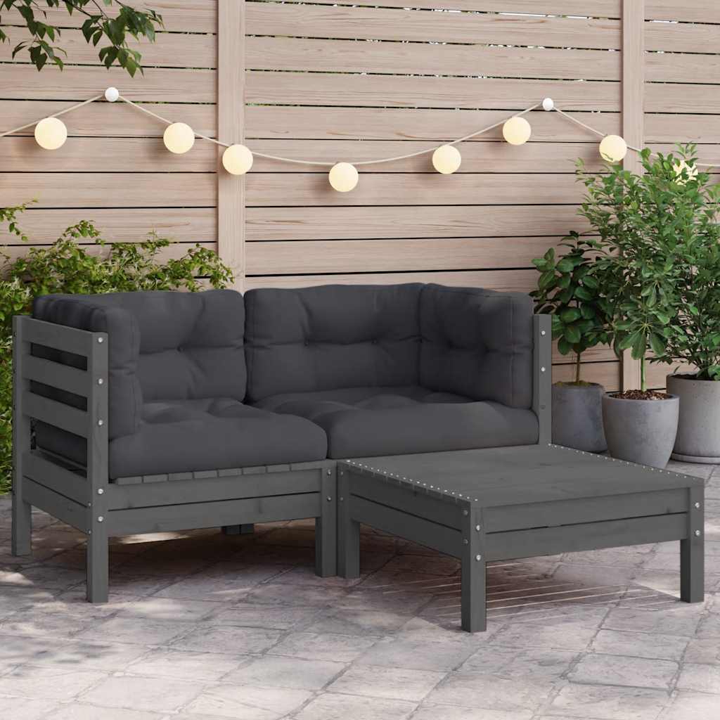 3 Piece Garden Lounge Set with Cushions Grey Solid Pinewood