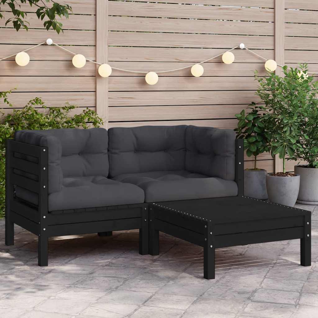 3 Piece Garden Lounge Set with Cushions Black Solid Pinewood