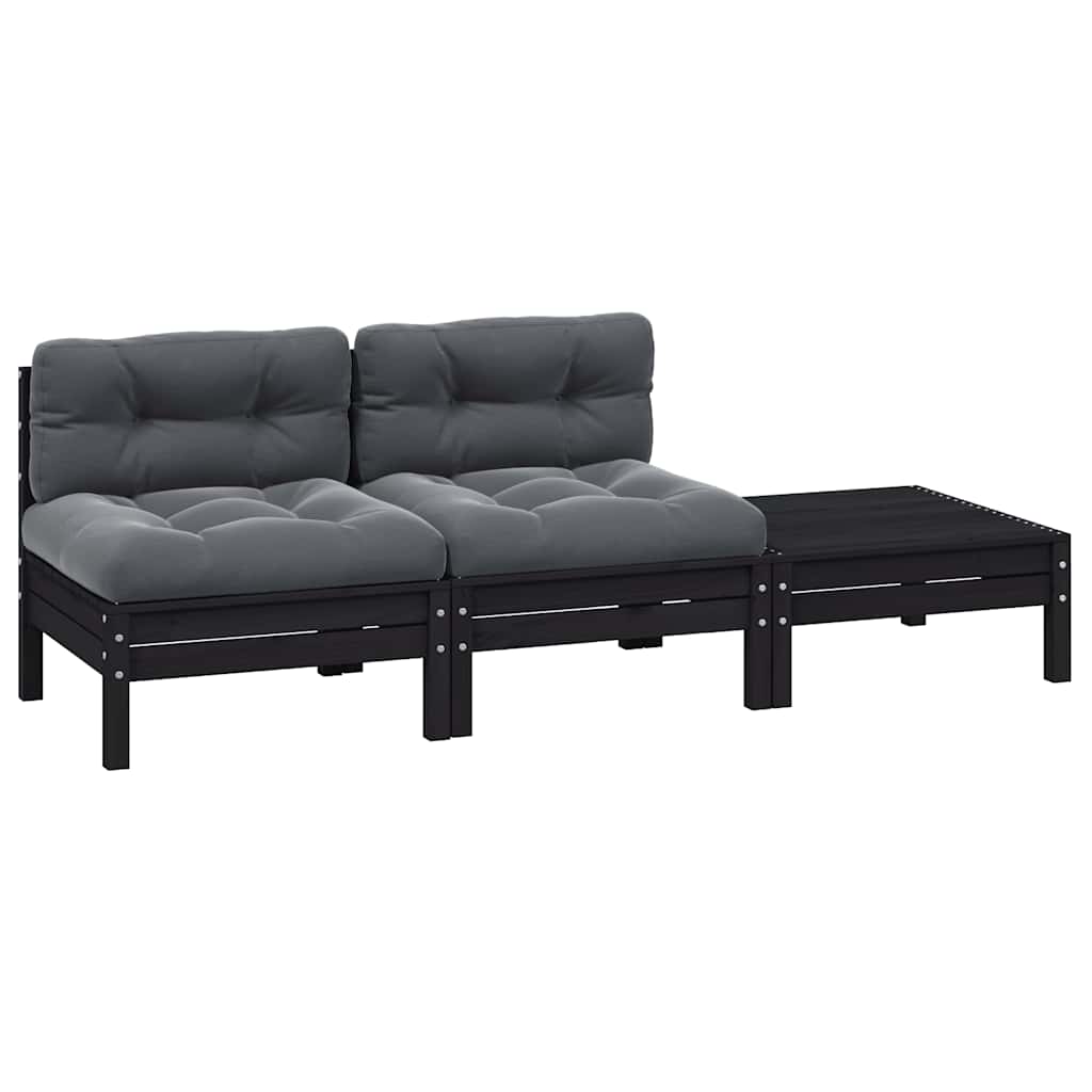3 Piece Garden Lounge Set with Cushions Black Solid Pinewood