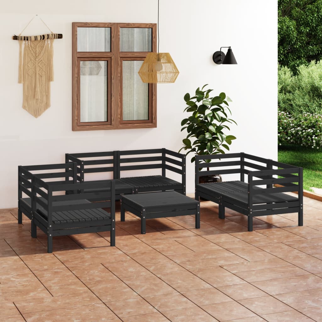 7 Piece Garden Lounge Set Black Solid Pinewood