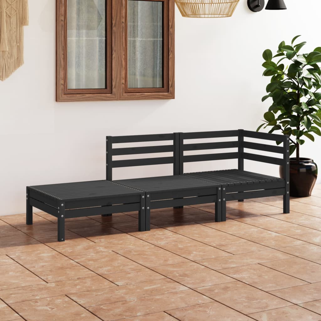 3 Piece Garden Lounge Set Black Solid Wood Pine