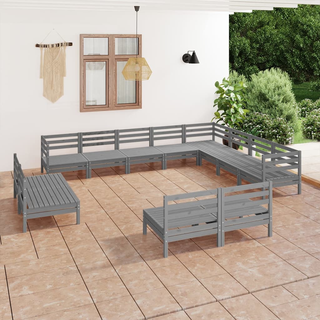 12 Piece Garden Lounge Set Solid Pinewood Grey