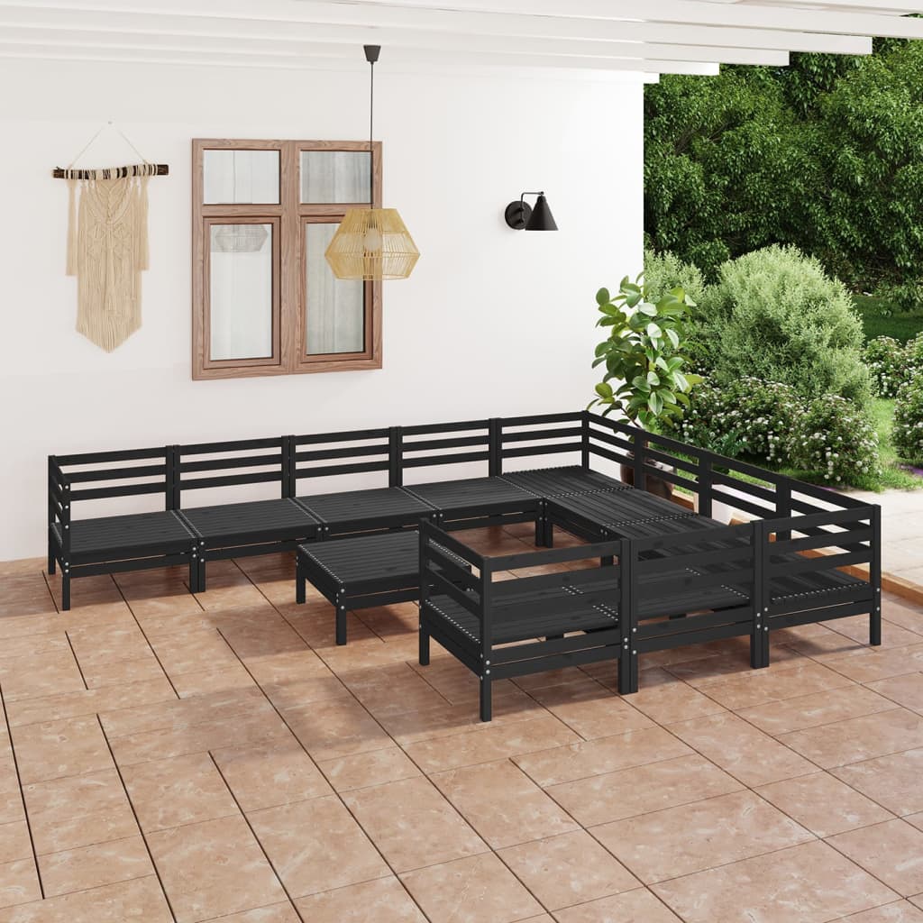 11 Piece Garden Lounge Set Black Solid Pinewood