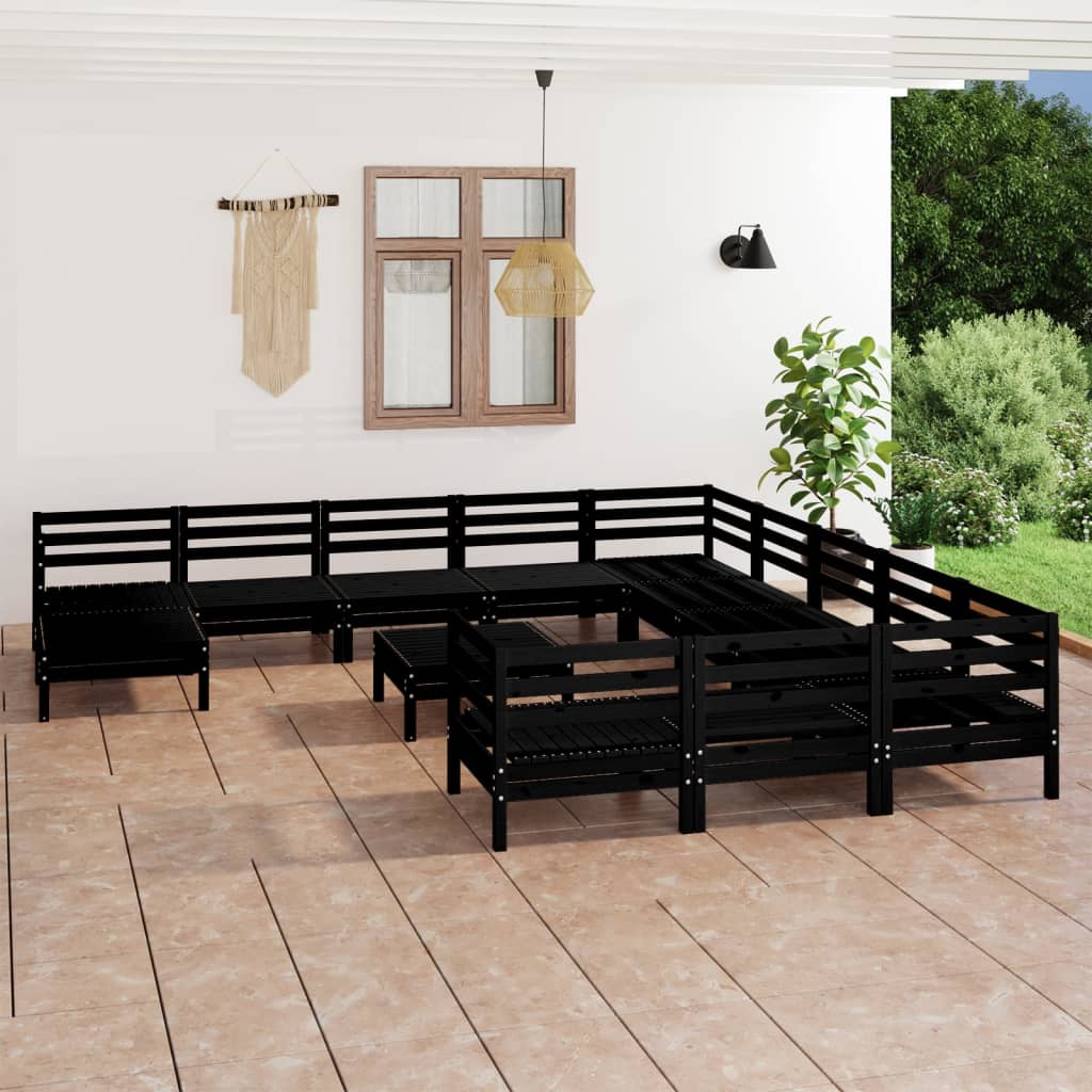 13 Piece Garden Lounge Set Black Solid Pinewood
