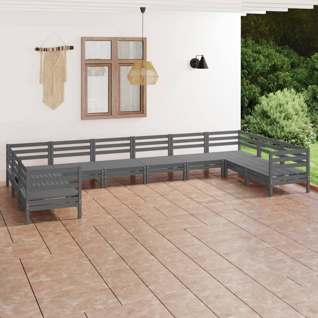 10 Piece Garden Lounge Set Grey Solid Pinewood