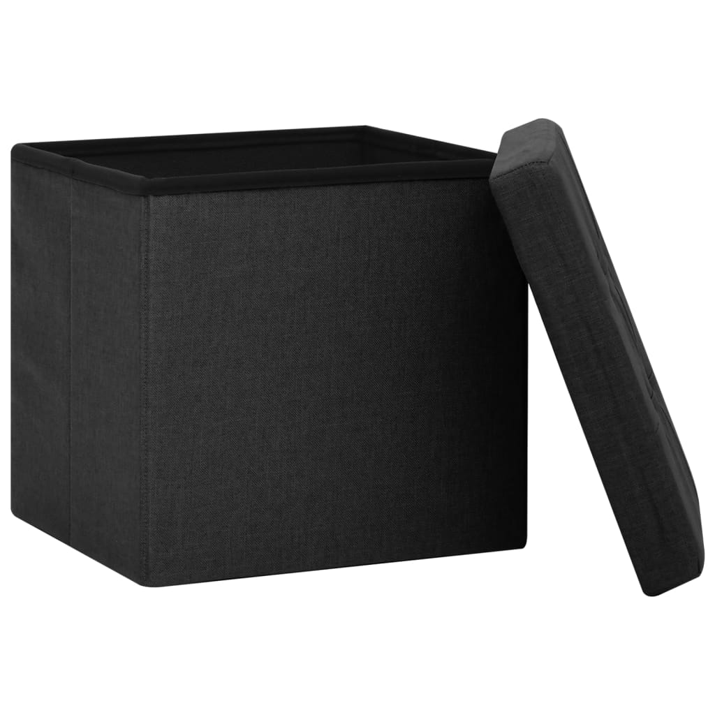 Folding Storage Stool Black Faux Linen