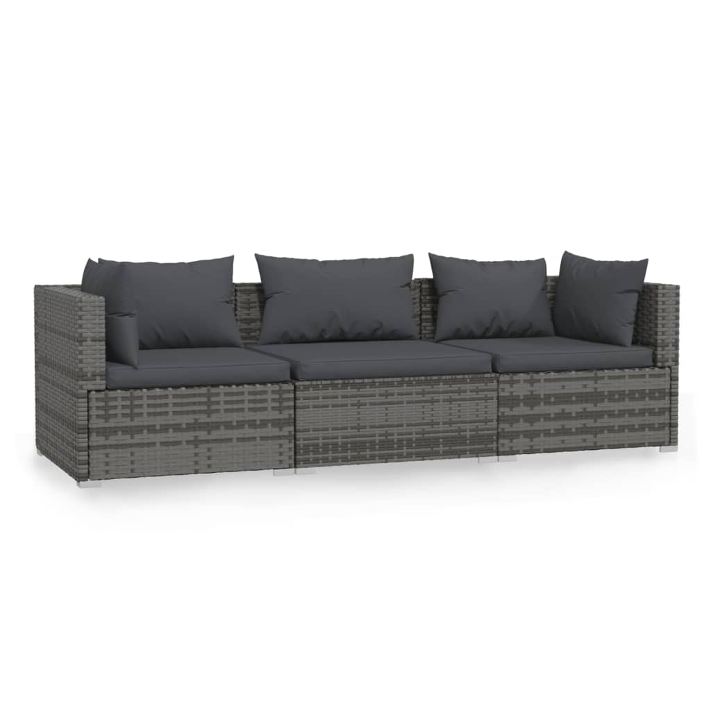 3-Seater Sofa with Cushions Grey Poly Rattan