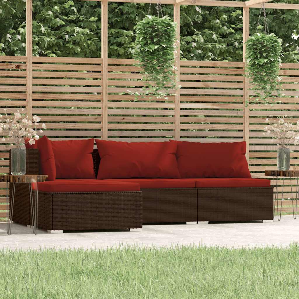 4 Piece Garden Lounge Set with Cushions Brown Poly Rattan