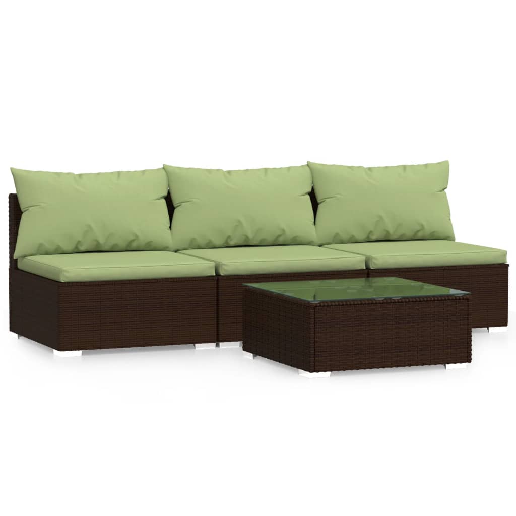 4 Piece Garden Lounge Set with Cushions Brown Poly Rattan