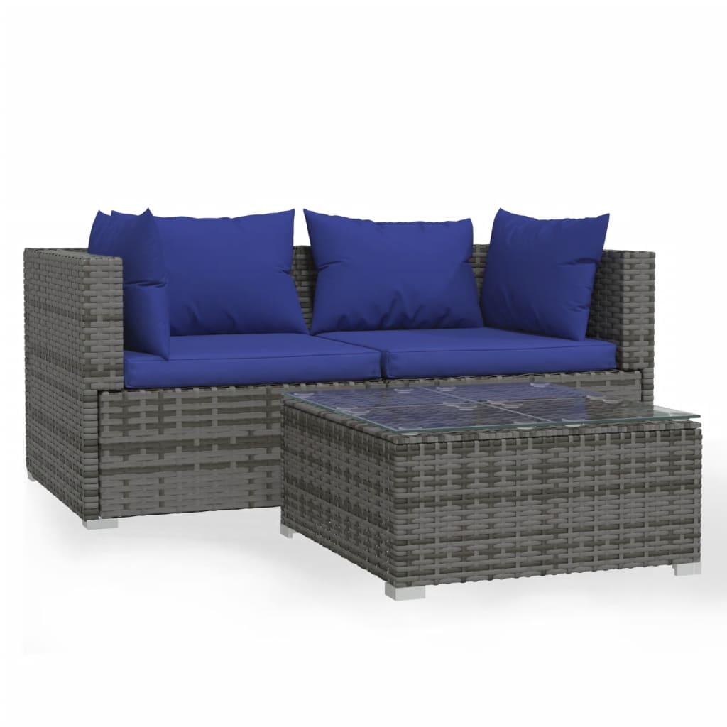 3 Piece Garden Lounge Set with Cushions Grey Poly Rattan