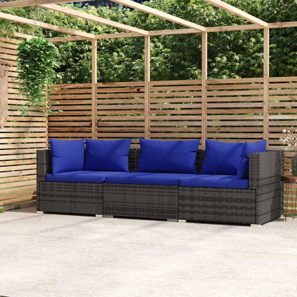 3-Seater Sofa with Cushions Grey Poly Rattan