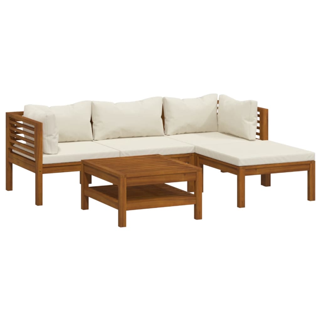 5 Piece Garden Lounge Set with Cream Cushion Solid Acacia Wood