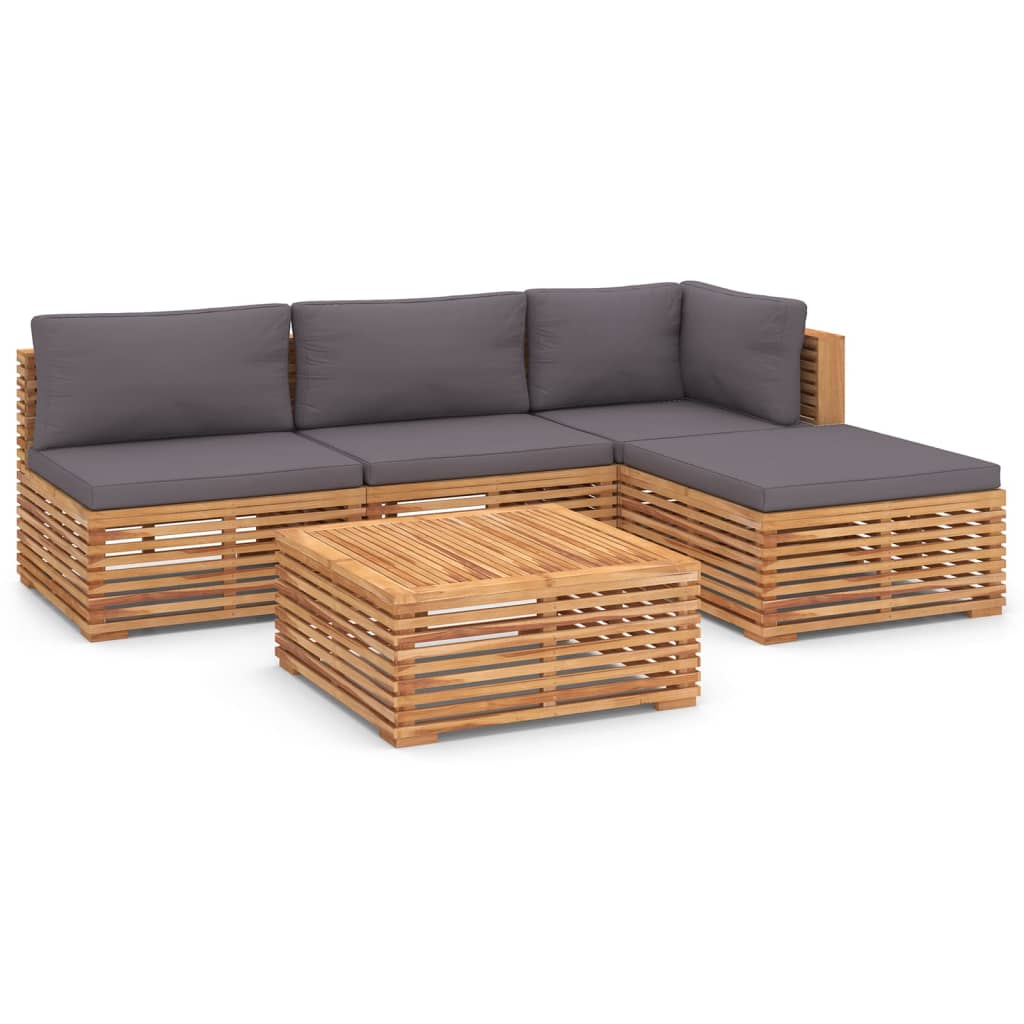 5 Piece Garden Lounge Set with Dark Grey Cushion Solid Teak Wood