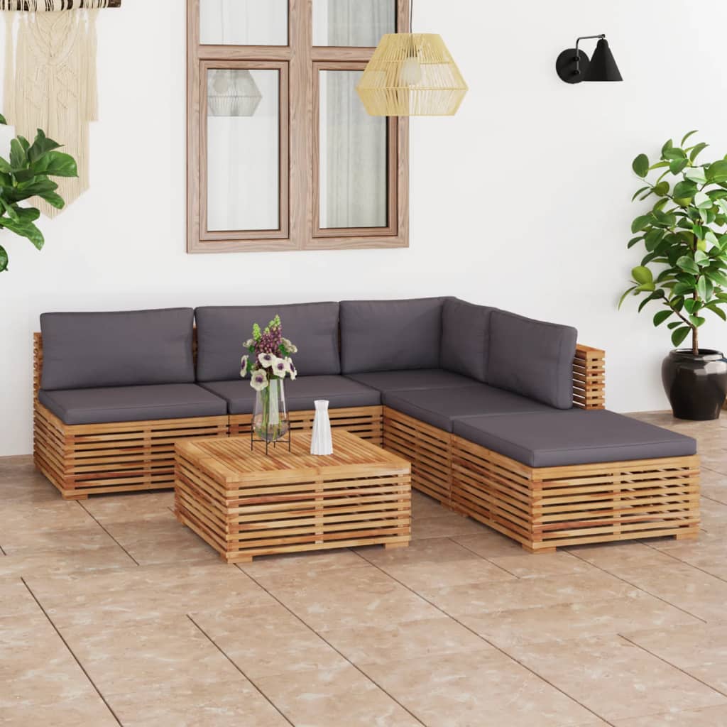 6 Piece Garden Lounge Set with Dark Grey Cushion Solid Teak Wood
