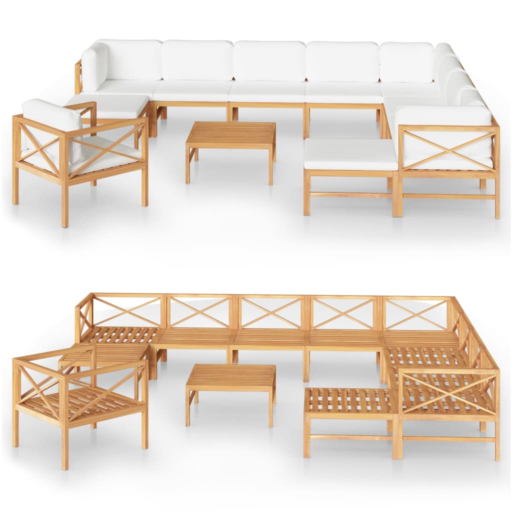 12 Piece Garden Lounge Set with Cream Cushions Solid Teak Wood