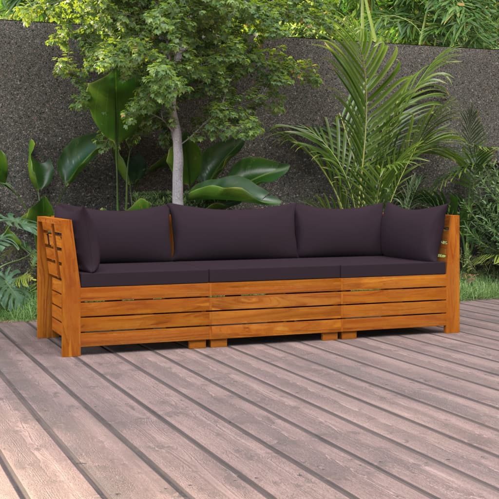 3-Seater Garden Sofa with Cushions Solid Wood Acacia