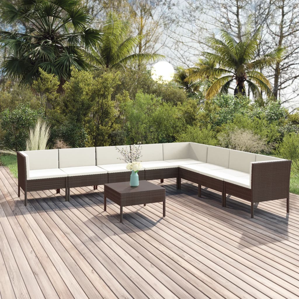9 Piece Garden Lounge Set with Cushions Poly Rattan Brown