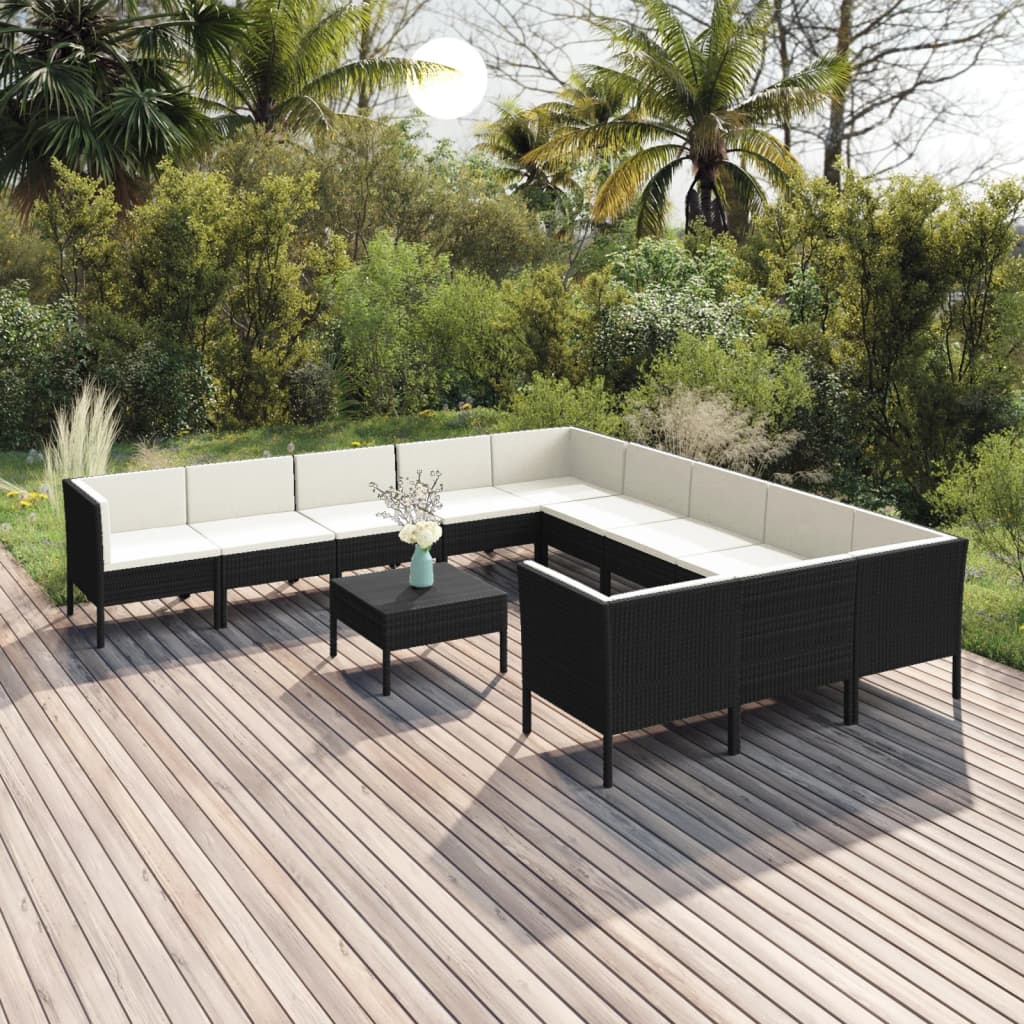12 Piece Garden Lounge Set with Cushions Poly Rattan Black