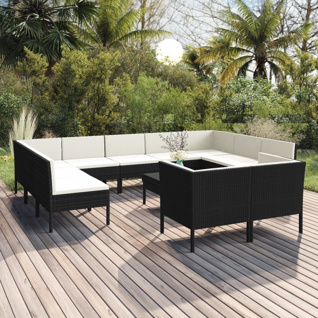 12 Piece Garden Lounge Set with Cushions Poly Rattan Black