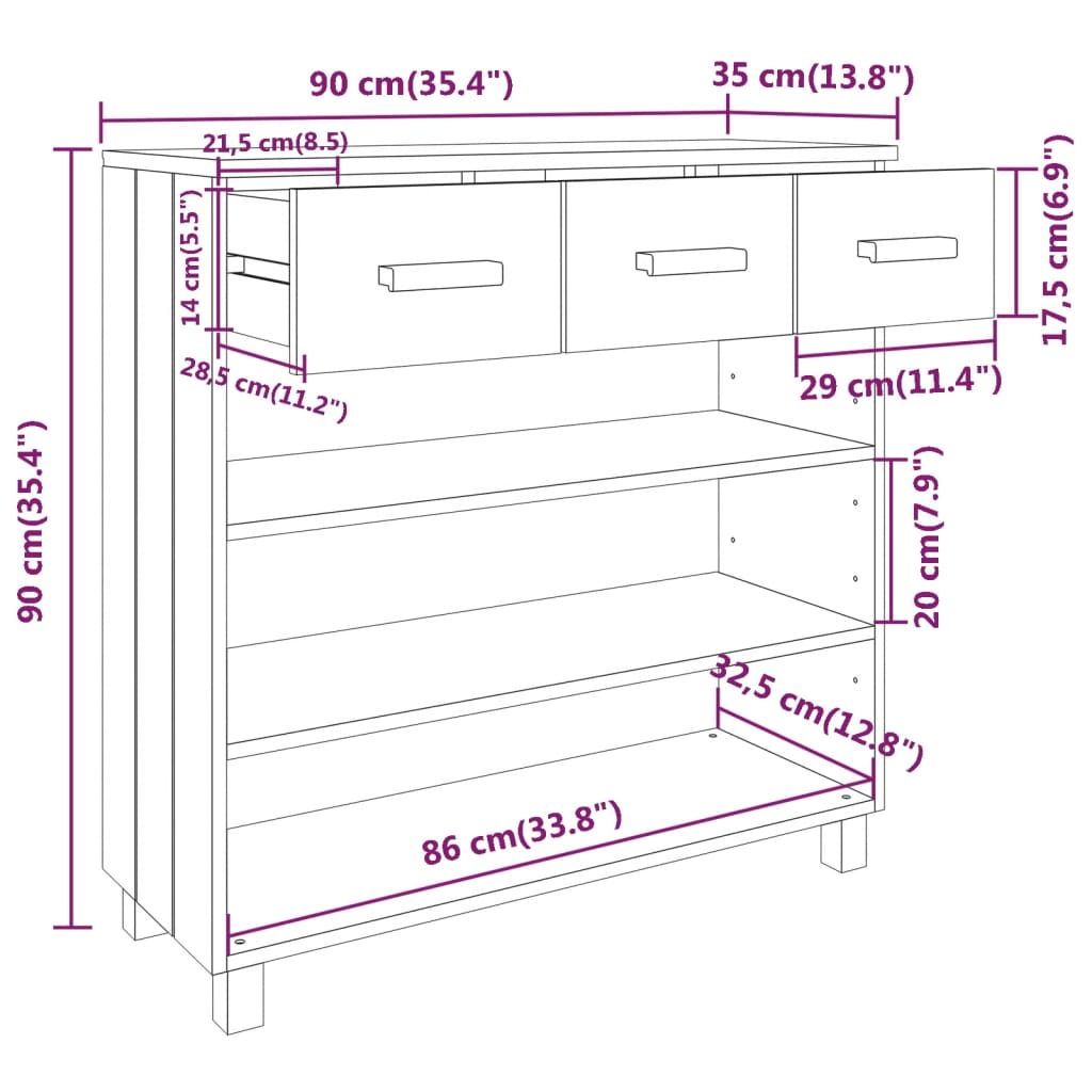 Console Table "HAMAR" White 90x35x90 cm Solid Wood Pine