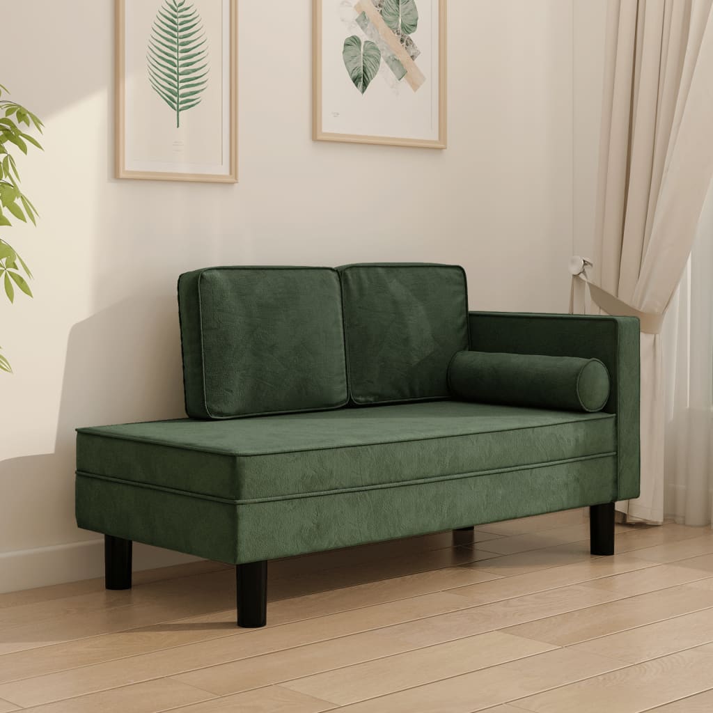 Chaise Lounge with Cushions and Bolster Dark Green Velvet