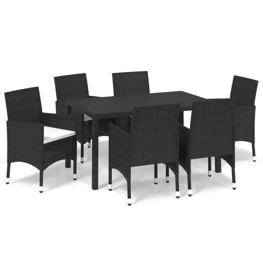 7 Piece Garden Dining Set with Cushions Poly Rattan Black