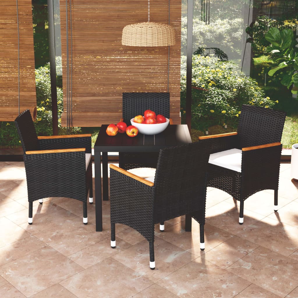 5 Piece Garden Dining Set with Cushions Poly Rattan Black