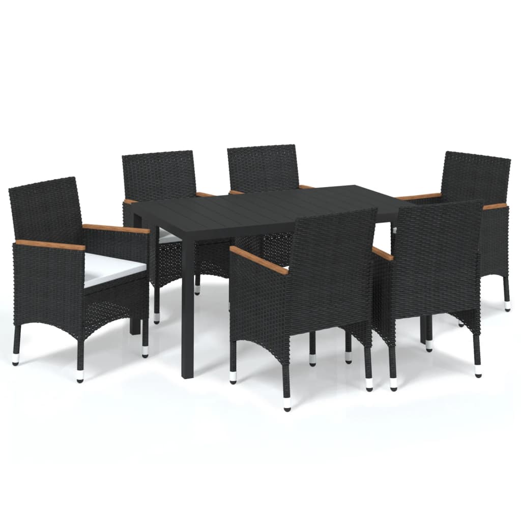 7 Piece Garden Dining Set with Cushions Poly Rattan Black