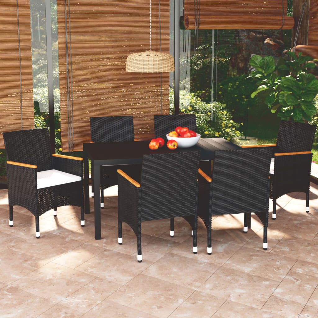 7 Piece Garden Dining Set with Cushions Poly Rattan Black