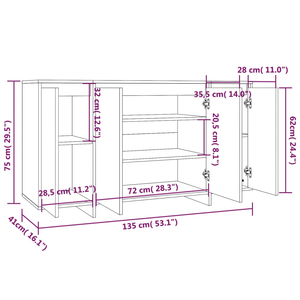 Sideboard High Gloss White 135x41x75 cm Engineered Wood