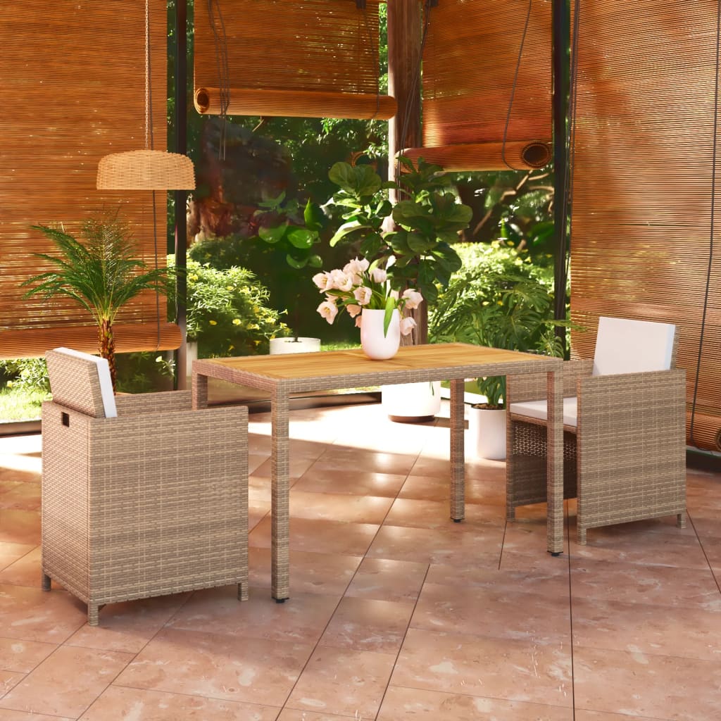 3 Piece Garden Dining Set with Cushions Poly Rattan Beige