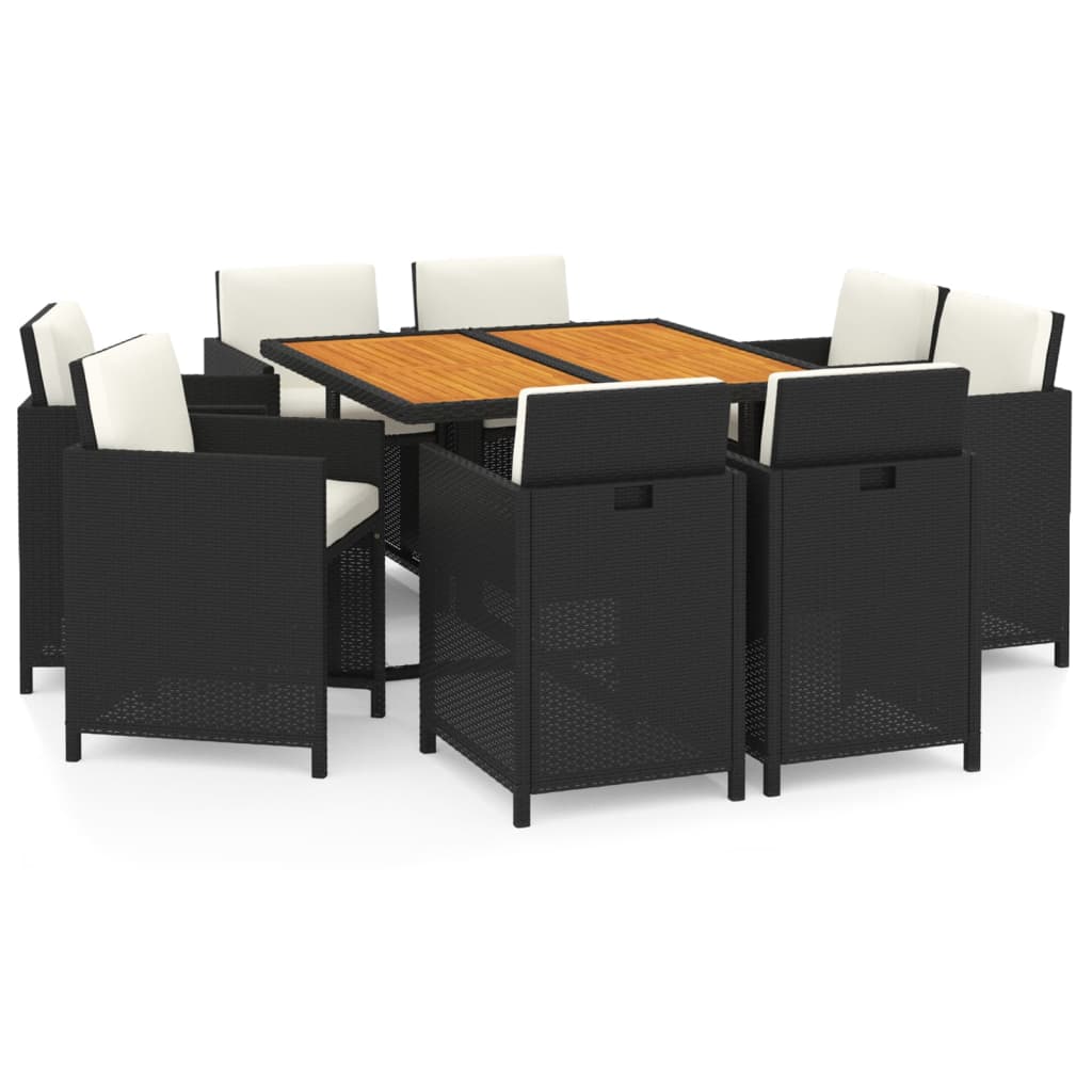 9 Piece Garden Dining Set with Cushions Poly Rattan Black